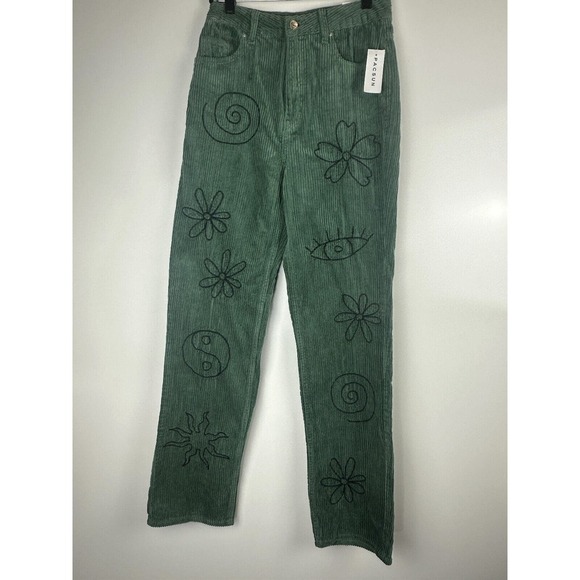 NWT PacSun Green Corduroy Embroidered Boyfriend Jean Doodle Baggy Womens Size 28 - Picture 15 of 16
